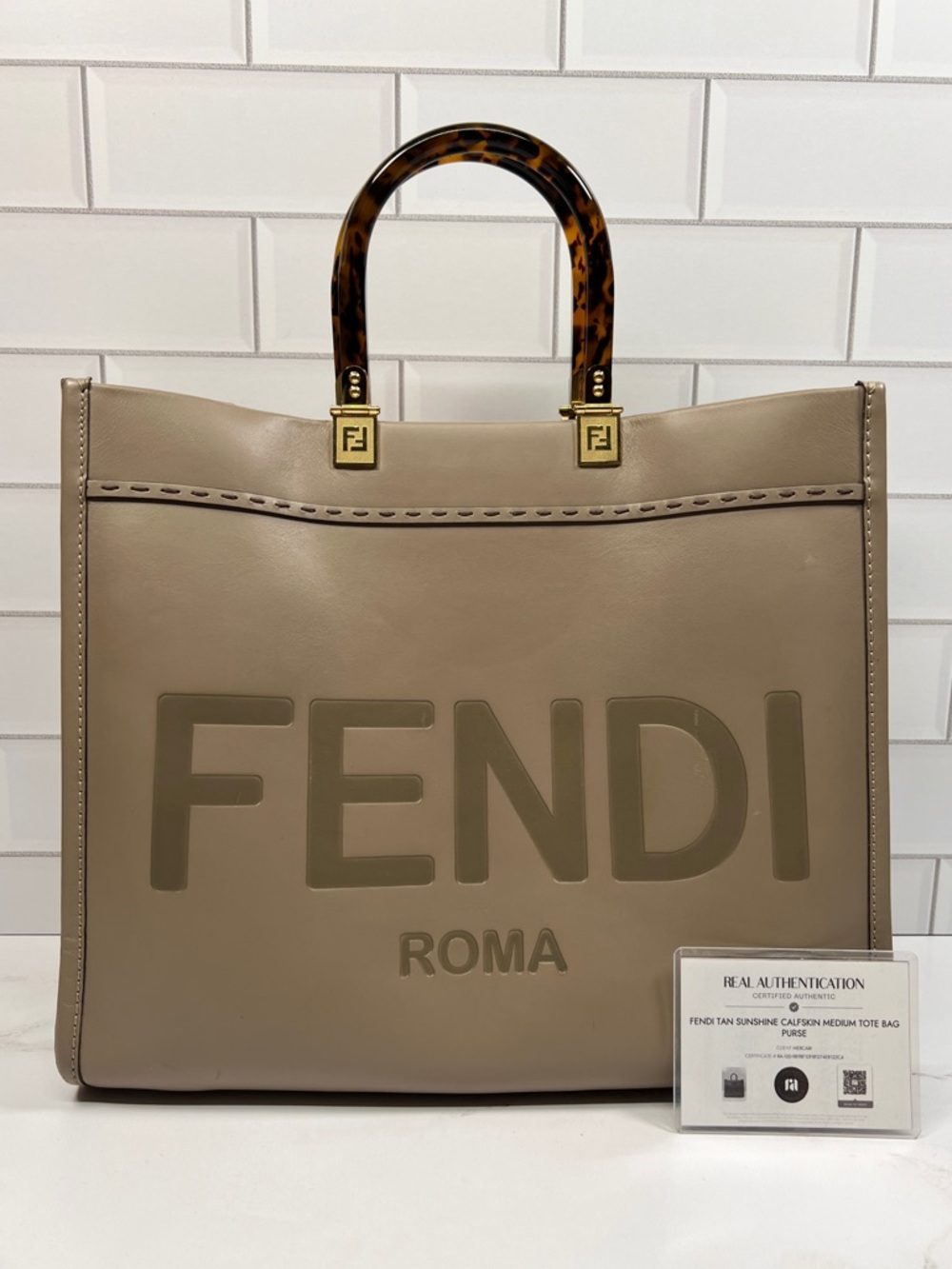FENDI Tan Sunshine Calfskin Medium Tote Bag Purse